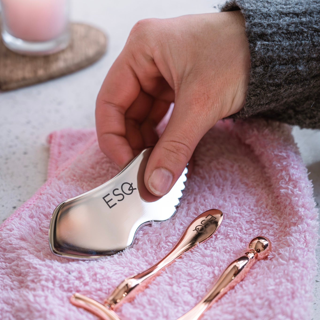 ESQ Skincare Gua Sha with branded logo. Great for lymph drainage and boosting collagen